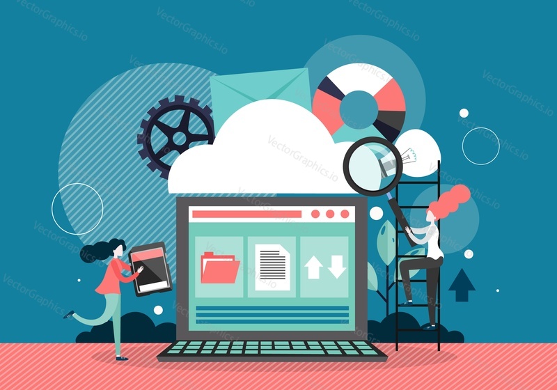 Cloud computing technology concept vector flat style design illustration. Huge cloud and laptop, micro female characters with tablet, magnifying glass. Data storage.