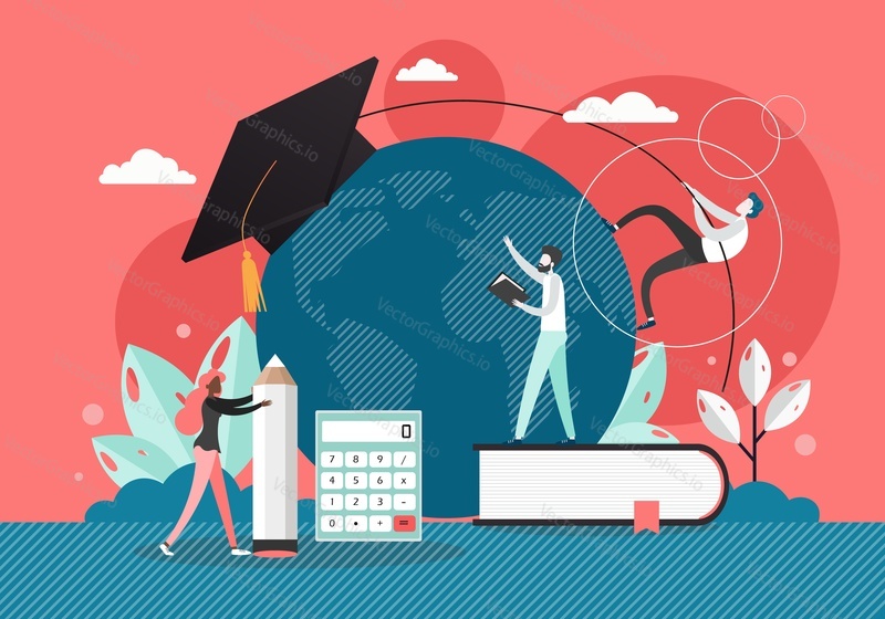 Study at the university, vector flat illustration. Huge planet Earth globe with graduation hat and micro characters students with book, pencil, calculator. Global study, education, knowledge.