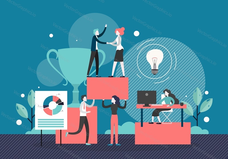 Business people team working together to reach business goal, vector flat style design illustration. Team work, partnership, collaboration, teambuilding.