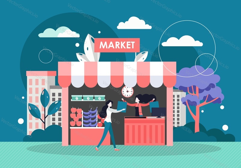 Local market, vector flat style design illustration. Seller or farmer female character selling natural organic fruit and vegetables to shopper young woman. Healthy fresh organic food.