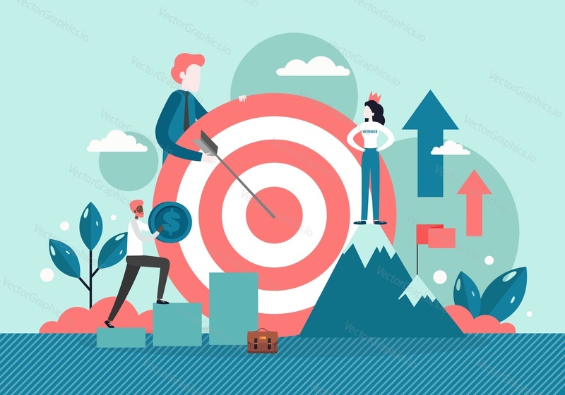 Businessman leader with huge target and his successful team, vector flat style design illustration. Victory, goal achievement, reach target, business team success, targeting.