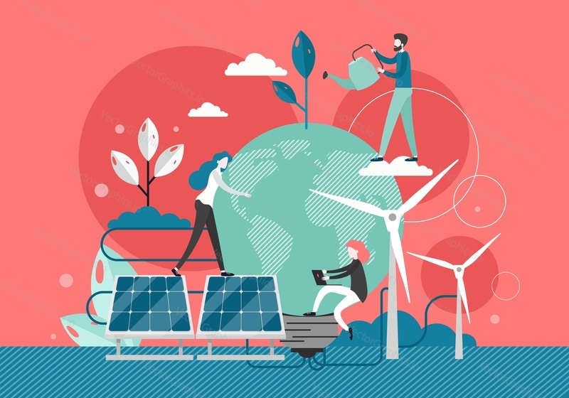 Micro characters watering plant, hugging huge eco planet Earth connected to solar panels and windmills generating renewable alternative energy, vector flat style design illustration. Green energy.