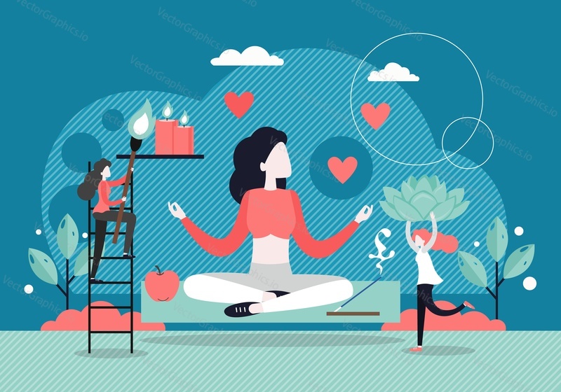 Young woman meditating, relaxing sitting in lotus yoga position, vector flat style design illustration. Yoga class, wellness, spa service.