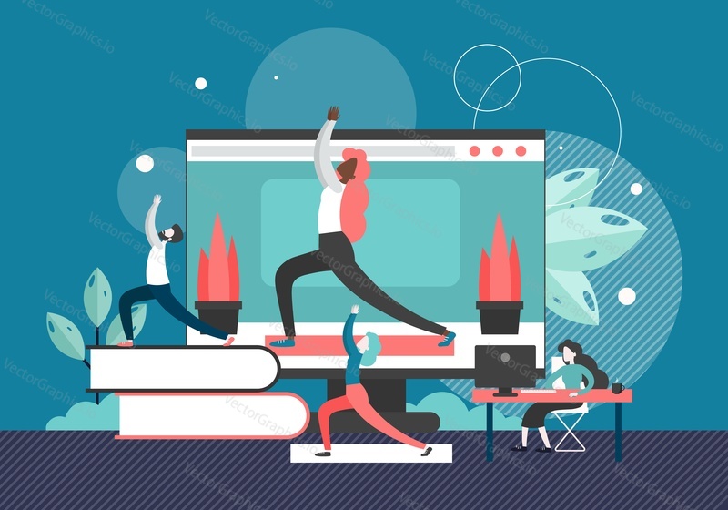 Business people man and woman doing warrior 1 office yoga poses at work together with online coach, vector flat style design illustration. Online coaching, yoga and meditation in office concept.