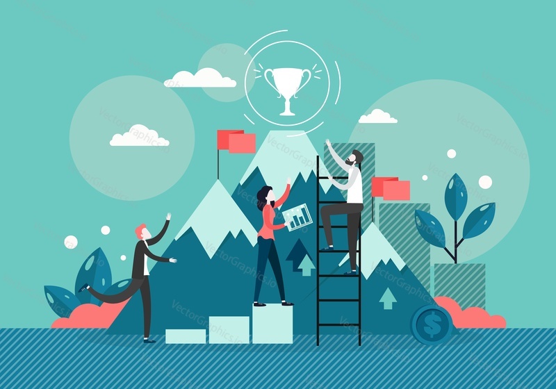 Businessman climbing stepladder to reach trophy cup on the mountain peak, vector flat style design illustration. Business team success, leadership, goal achievement, business career.