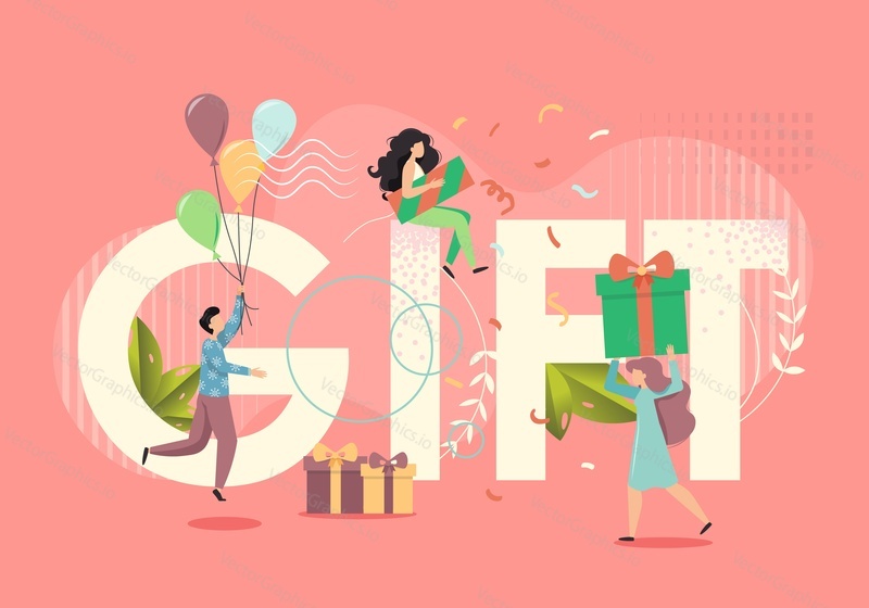 Gift in capital letters, happy people male and female characters with gift boxes, balloons, party popper, vector flat style design illustration. Party celebration.