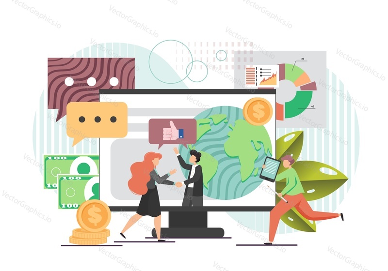 Business people making deal using tablet and desktop computer, vector flat illustration. Digital business agreement, great deal, online communication, thumb up hand sign for approval.