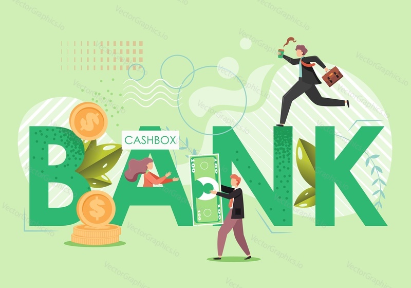 Bank in capital letters, client male giving dollar banknote to bank cashier female, vector flat style design illustration. Banking services, cashbox concept.