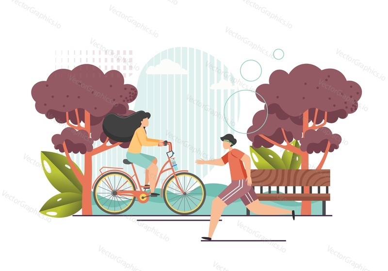 Cardio training, vector flat style design illustration. Girl enjoying riding bicycle, man jogging in city park. Cardio workout, running and cycling summer outdoor sports activities, healthy lifestyle.