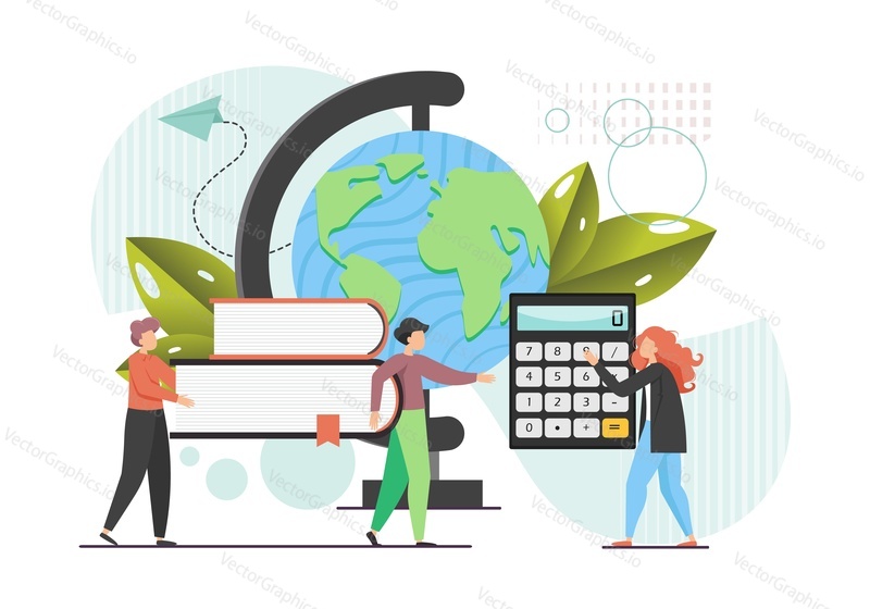 Study concept vector flat style design illustration. Huge planet earth globe and micro characters students carrying pile of books, calculator. Education course, study abroad.