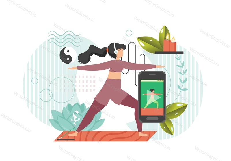 Молодая женщина, практикующая йогу дома, используя смартфон с мобильным приложением для йоги, векторная иллюстрация дизайна в плоском стиле. Онлайн-коучинг, здоровый образ жизни.