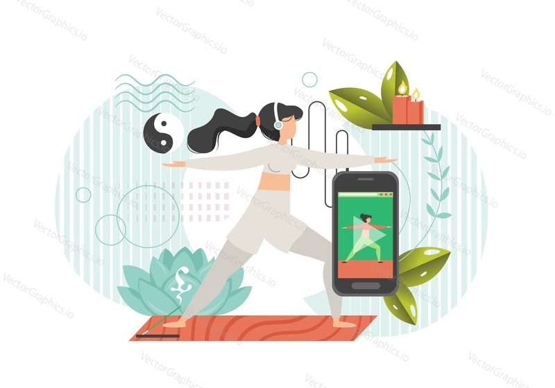 Девушка с наушниками и смартфоном, выполняющая позу йоги warrior 2 дома вместе с онлайн-тренером на экране мобильного телефона, векторная иллюстрация дизайна в плоском стиле. Онлайн-классы по йоге и медитации.