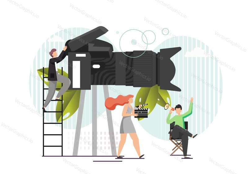 Huge professional video camera and micro characters film crew shooting movie, vector flat illustration. Videographer, director, girl with clapperboard making film. Cinema industry, movie production.