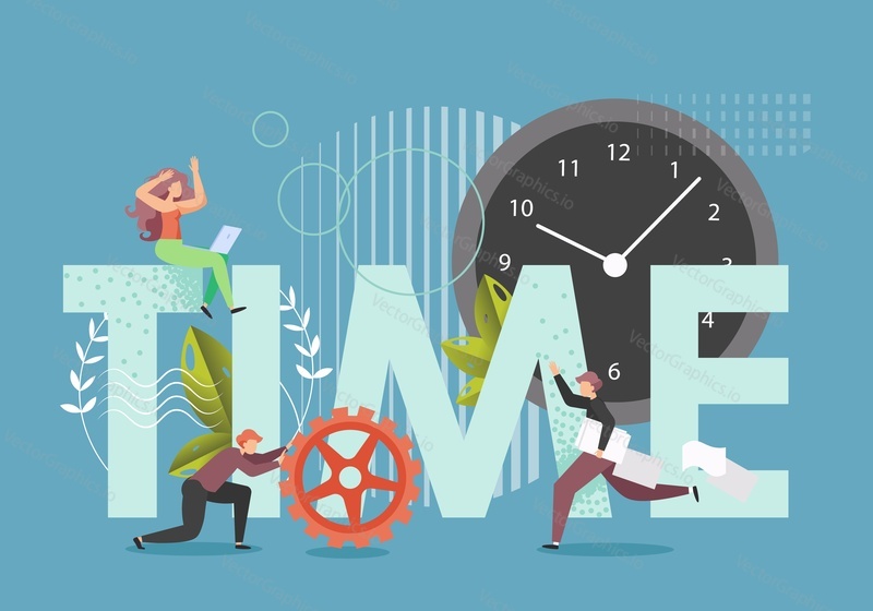 Time in capital letters, huge clock, male and female characters with cogwheel, documents, vector flat style design illustration. Time management, productivity, deadline.