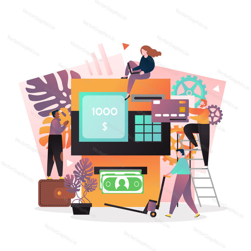 Vector illustration of big ATM and tiny people withdrawing cash money from their bank accounts using plastic card. ATM transaction process concept for web banner, website page etc.