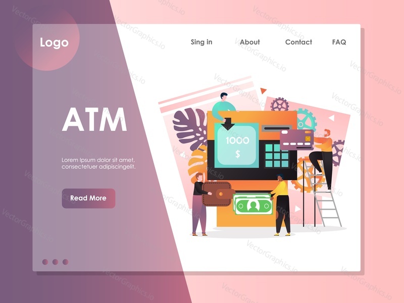 ATM vector website template, web page and landing page design for website and mobile site development. Making ATM deposit into bank account using plastic card concept.