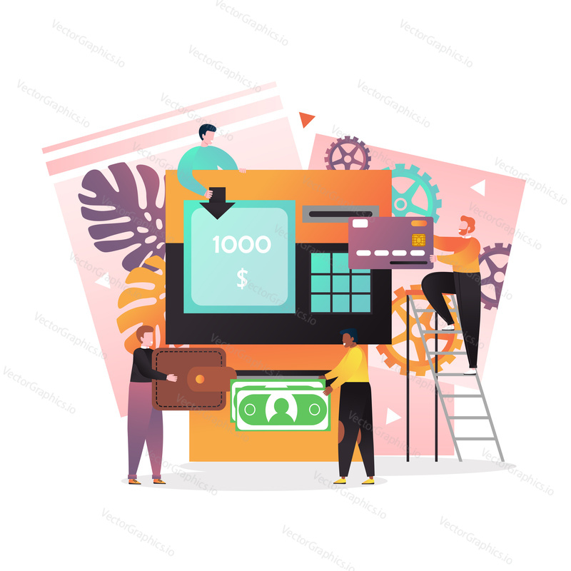 Vector illustration of big deposit-enabled ATM terminal and tiny people making cash deposits into their bank accounts using plastic card. ATM deposit transactions concept for web banner, website page.