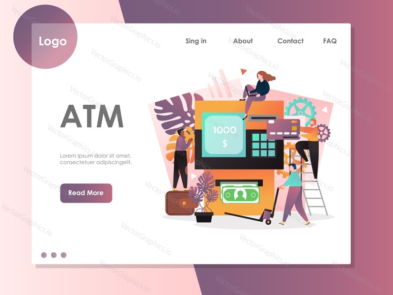 ATM vector website template, web page and landing page design for website and mobile site development. Withdrawing cash from bank account using plastic card in ATM machine concept.