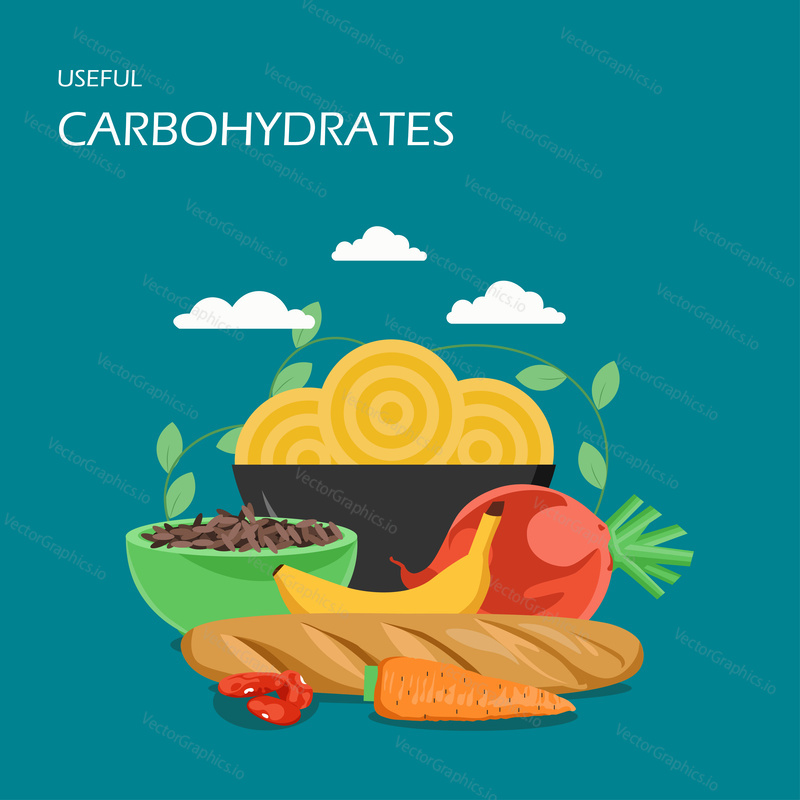 Useful carbohydrates vector flat style design illustration. Baguette, pasta, brown rice, carrot, banana, beans, beet. High-carb foods composition for web banner, website page etc.