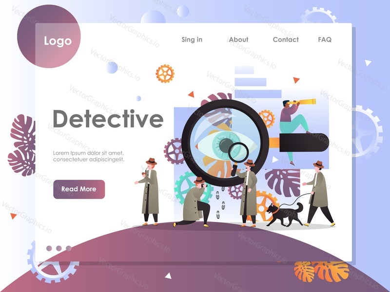 Detective vector website template, web page and landing page design for website and mobile site development. Detective agency services concept.