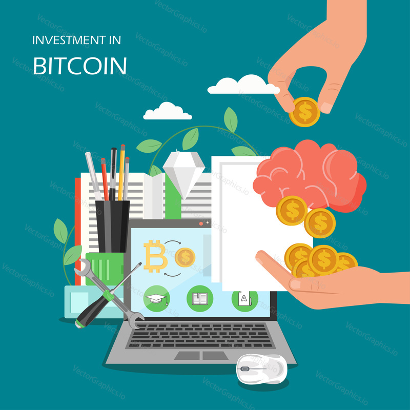 Investment in bitcoin vector flat style design illustration. Bitcoin investing online courses, classes, training, tutorials concept for web banner, website page etc.