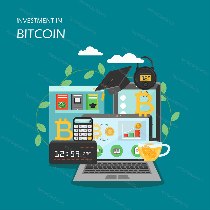 Investment in bitcoin vector flat style design illustration. Earning on cryptocurrency investments with blockchain. Bitcoin investing concept for web banner, website page etc.