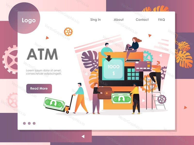 Векторный шаблон веб-сайта ATM, дизайн веб-страницы и целевой страницы для разработки веб-сайтов и мобильных сайтов. Операции в банкоматах, внесение и снятие наличных, оплата с помощью банковской карты.