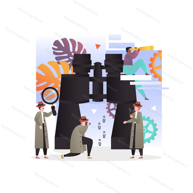 Vector illustration of big binoculars, and tiny people searching for evidence with magnifier, taking photo, looking through telescope, smoking pipe. Detective services concept for web banner, webpage.