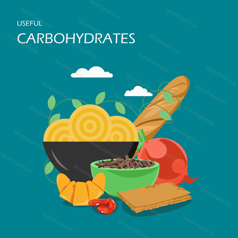 Useful carbohydrates vector flat style design illustration. Baguette, pasta, brown rice, beans, beet, french croissant. High-carb foods composition for web banner, website page etc.