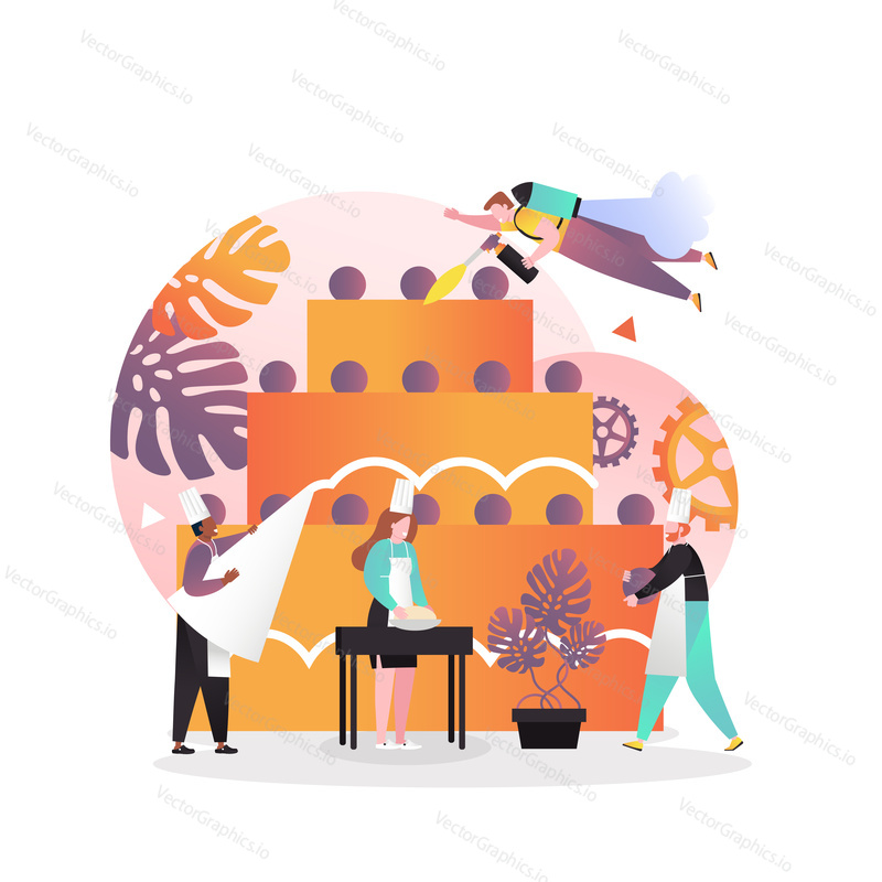 Vector illustration of huge three tiered cake and tiny people cooks chefs decorating it with cream, making dough. Bakery and confectionery services concept for web banner, website page etc.