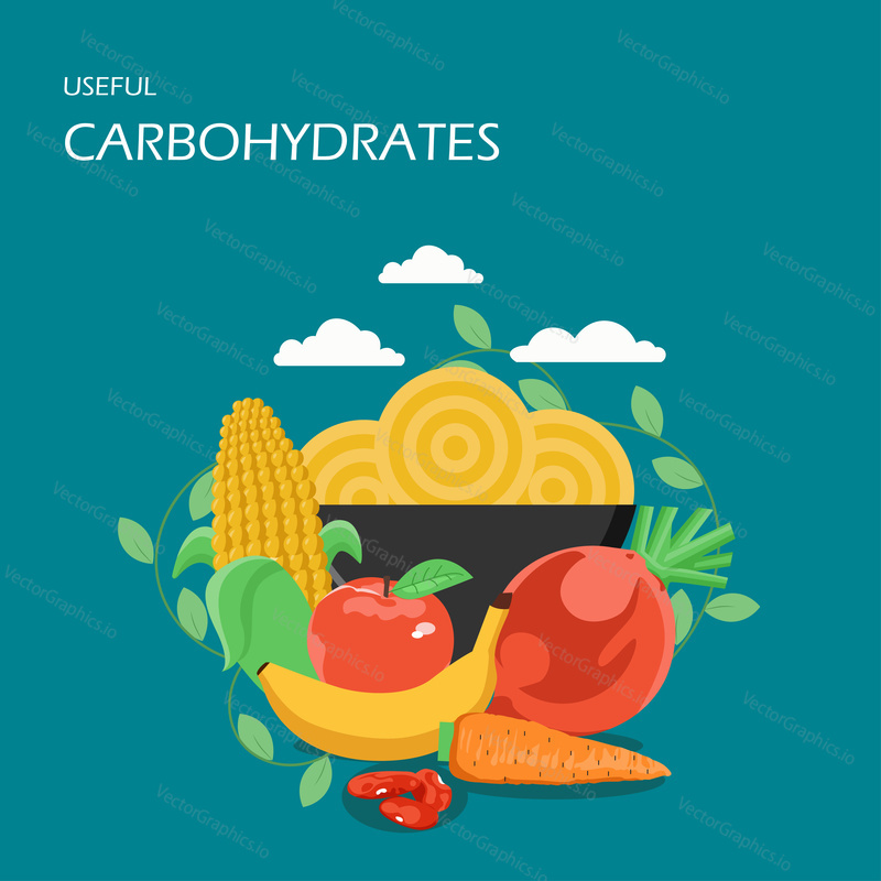 Useful carbohydrates vector flat style design illustration. Carrot, banana, beans, beet, corn, apple, pasta. High-carb foods composition for web banner, website page etc.