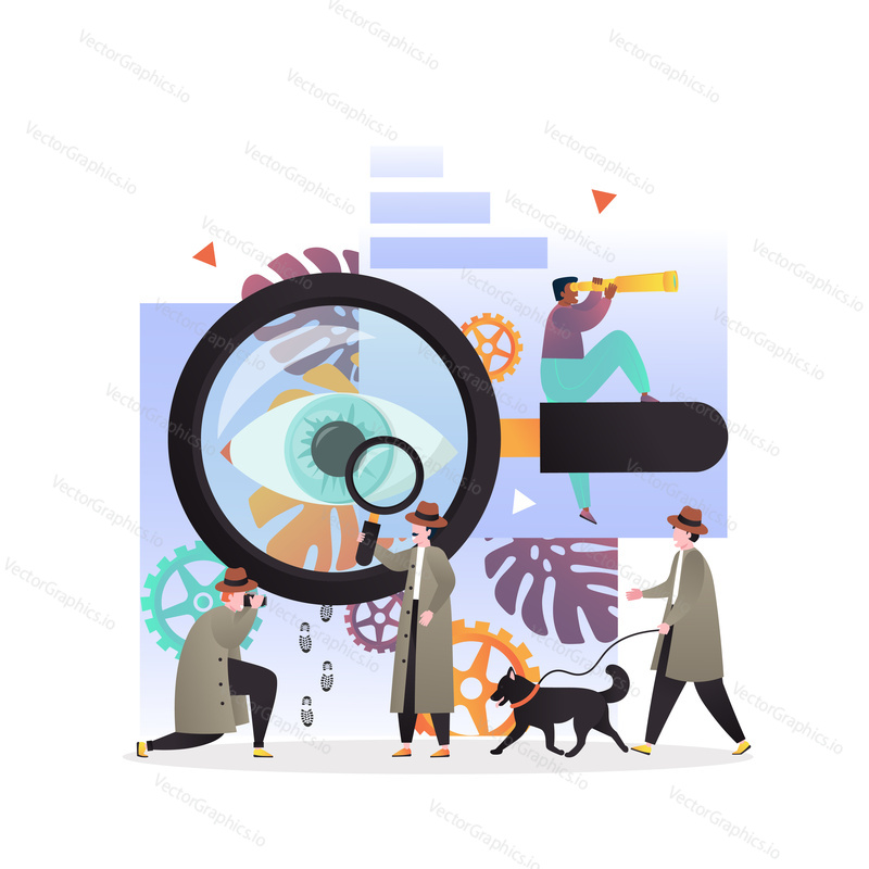 Vector illustration of big magnifying glass and tiny private investigators holding magnifier, taking photo, looking through telescope, walking with dog. Detective services concept for web banner etc.