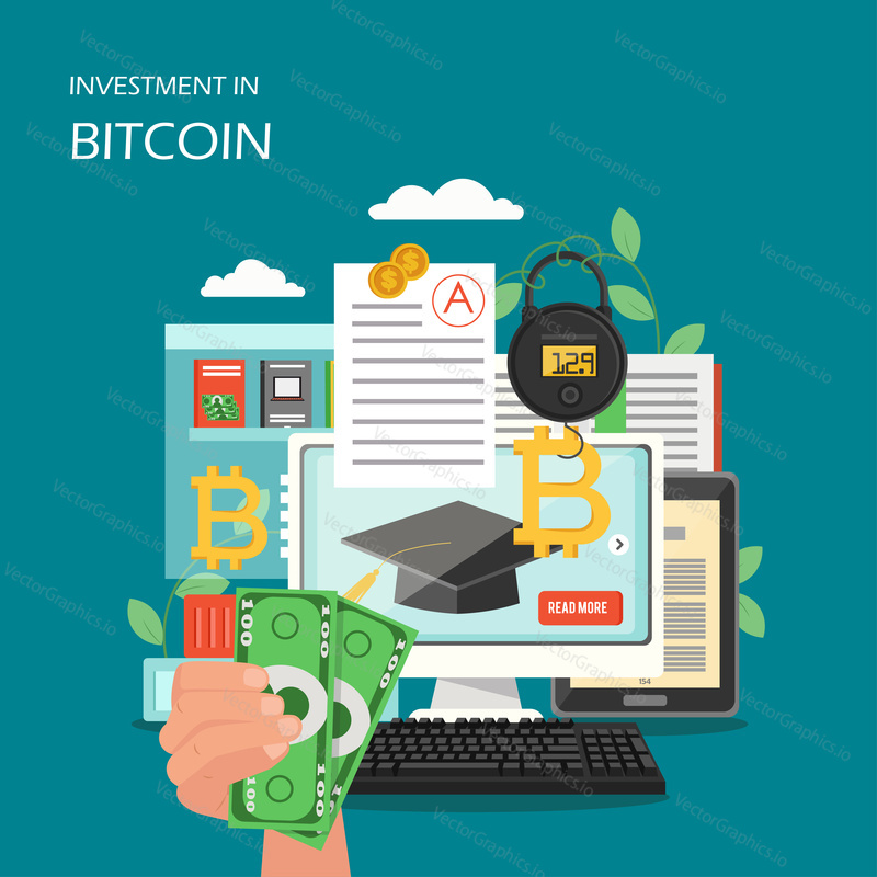 Investment in bitcoin vector flat style design illustration. Online funding and making investments for cryptocurrency and blockchain. Bitcoin investing concept for web banner, website page etc.