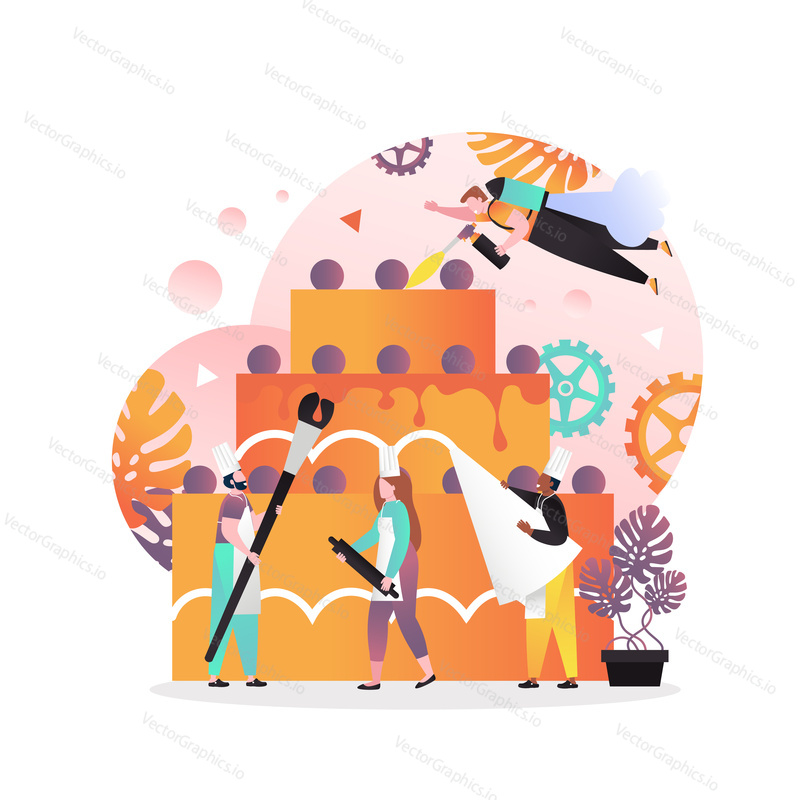Vector illustration of big birthday holiday cake and tiny people confectioners decorating it with cream. Cake making services concept for web banner, website page etc.
