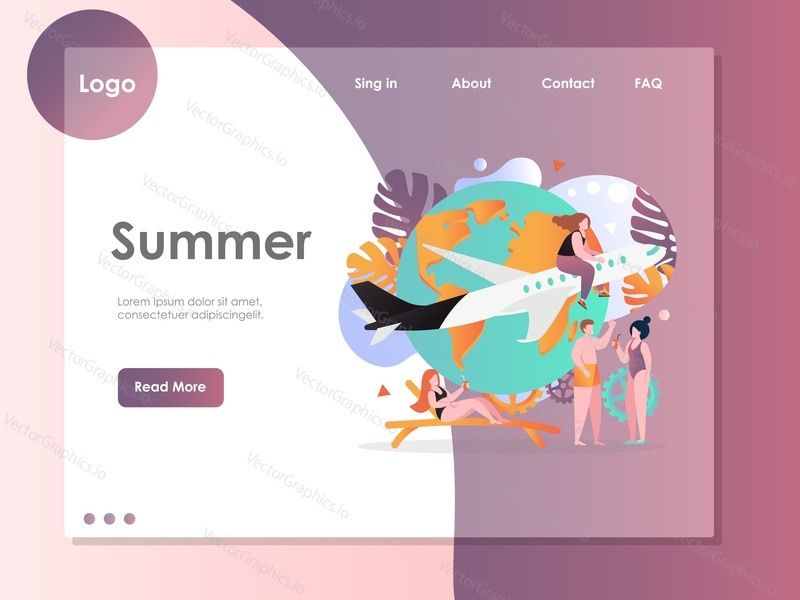 Summer vector website template, web page and landing page design for website and mobile site development. Summer beach vacation, travel by air, tourism, world journey concept.