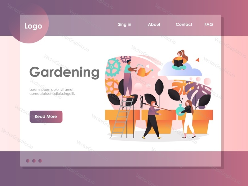 Gardening vector website template, web page and landing page design for website and mobile site development. Tiny people growing big potted plants. Plant care concept.