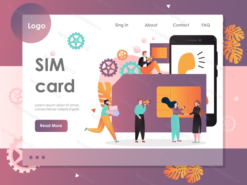 SIM card vector website template, web page and landing page design for website and mobile site development. Cellular mobile phone communication concept.