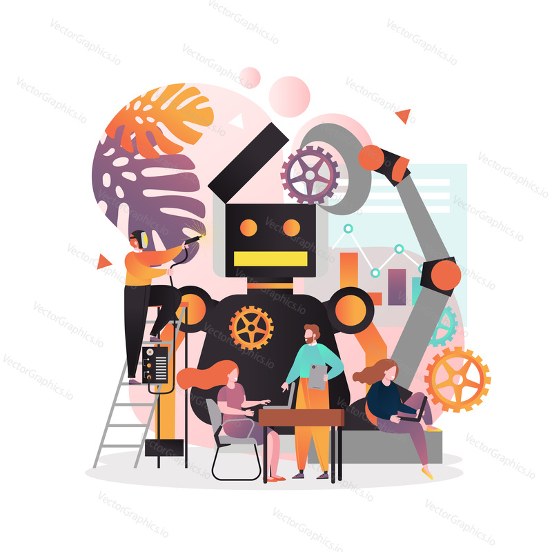 Vector illustration of tiny people engineers creating and programming big robot. Robotic technology, robot invention, artificial intelligence, computer science and engineering concept.