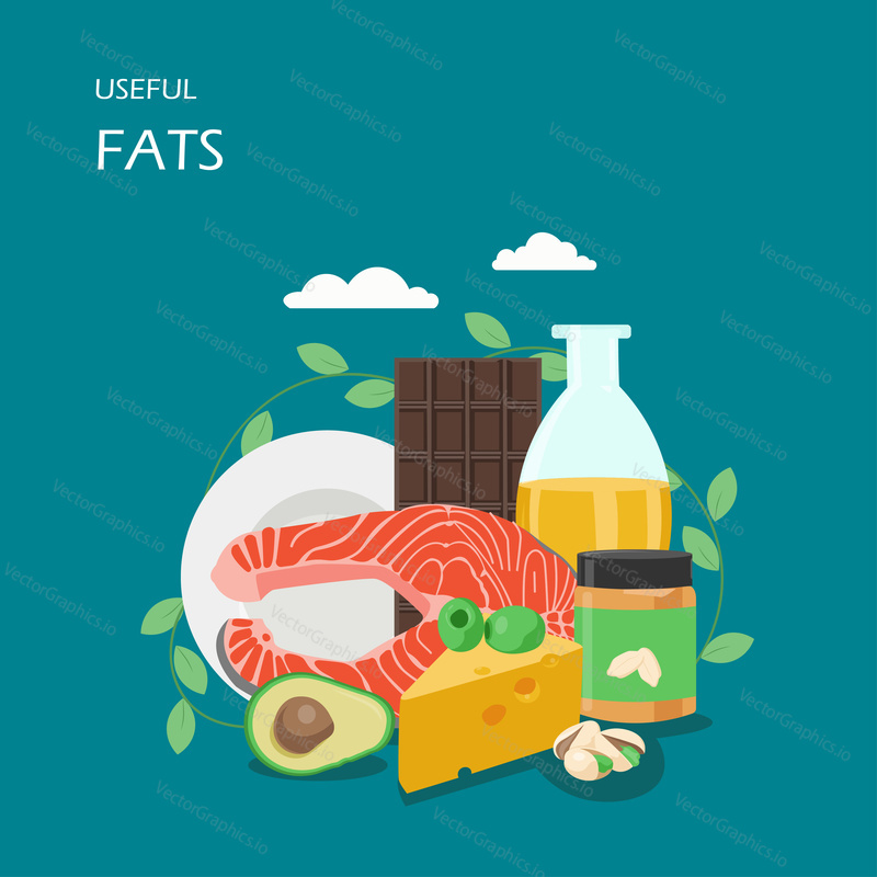 Useful fats vector flat style design illustration. Avocado, olives, vegetable oil, salmon, cheese, pistachio, dark chocolate and peanut butter. Foods with healthy fats for web banner website page etc.