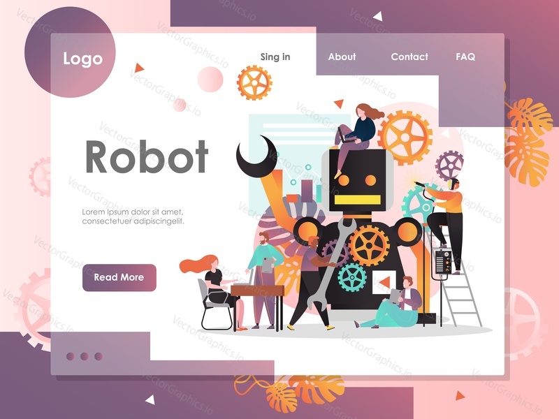 Robot vector website template, web page and landing page design for website and mobile site development. Robotic technology, robot invention, computer science and engineering concept.