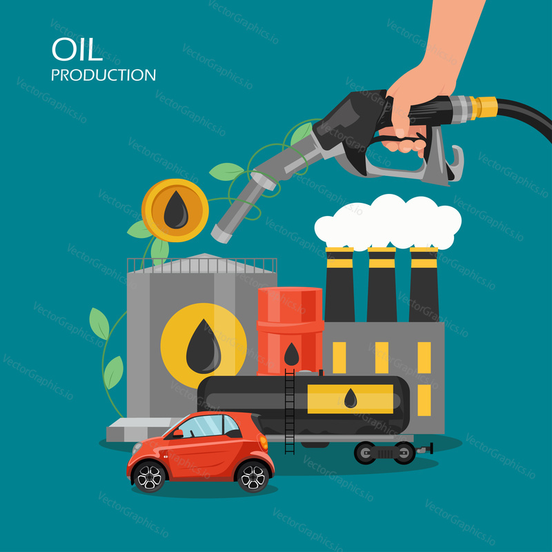 Oil production vector flat illustration. Hand with auto fueling nozzle, barrel, refinery, tanker, car. Refining, transporting and marketing of petroleum products. Oil industry concept for web banner.