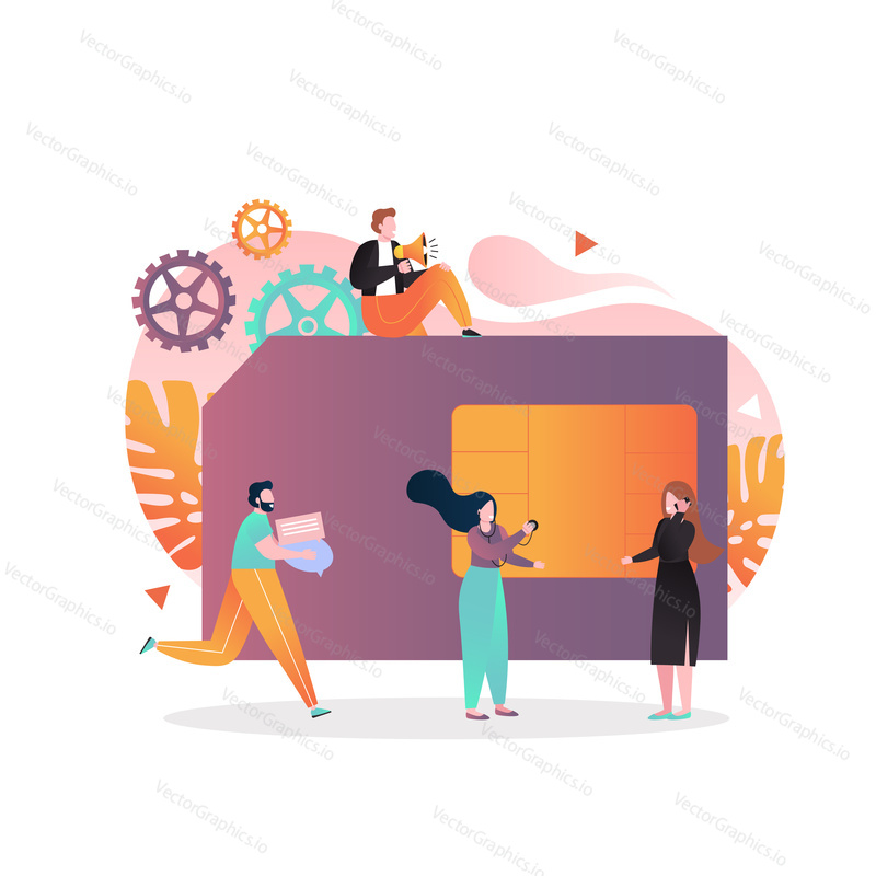 Vector illustration of big mobile phone SIM card and tiny people with megaphone, smartphone. Mobile phone network, wireless communication concept for web banner, website page etc.