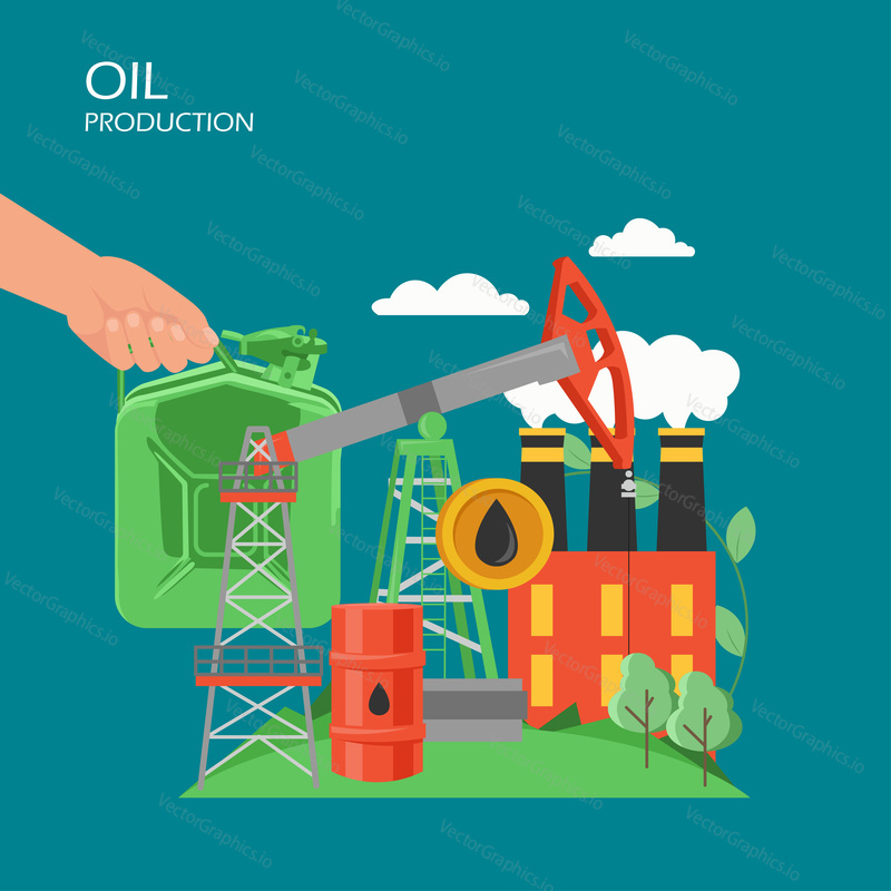 Oil production vector flat style design illustration. Hand with canister, oil pumpjack, barrel, refinery. Petroleum production, refining and retailing composition for web banner, webpage etc.