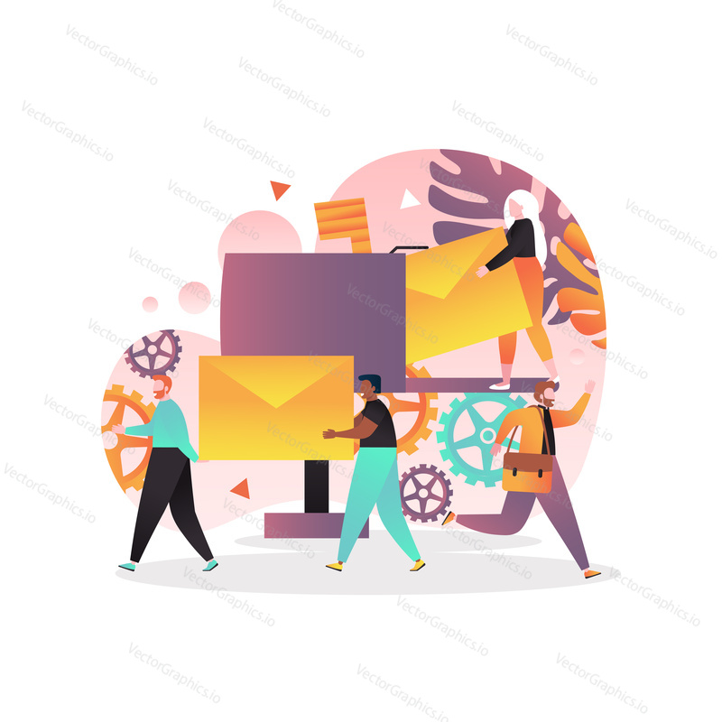 Vector illustration of tiny people carrying big envelopes, postman running with postbag. Post office, postal service, correspondence delivery concept for web banner, website page etc.