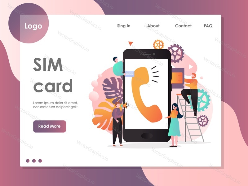 SIM card vector website template, web page and landing page design for website and mobile site development. Wireless cellphone communication, SIM card technology concept.