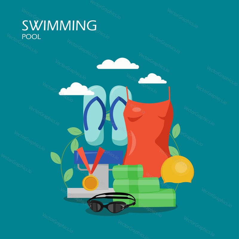 Swimming pool vector flat illustration. Women swimwear, swim cap, flip flops, goggles, medal for swimming competition winner. Swim gear and accessories for web banner, website page etc.