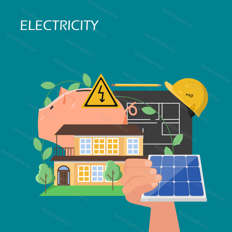 Electricity vector flat style design illustration. Generation of cheap green electricity from sunlight with solar panel system. Solar power savings concept for web banner, website page etc.
