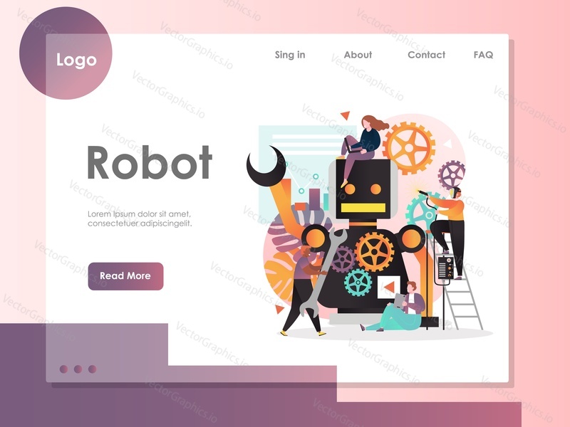Шаблон веб-сайта Robot vector, дизайн веб-страницы и целевой страницы для разработки веб-сайтов и мобильных сайтов. Программное обеспечение для роботов, концепция автоматизации роботизированных процессов.