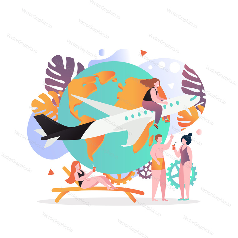 Vector illustration of women sitting on flying plane, sunbathing on chaise lounge, drinking cocktail etc. Summer beach vacation, travel by air, world tourism concept for web banner, website page etc.