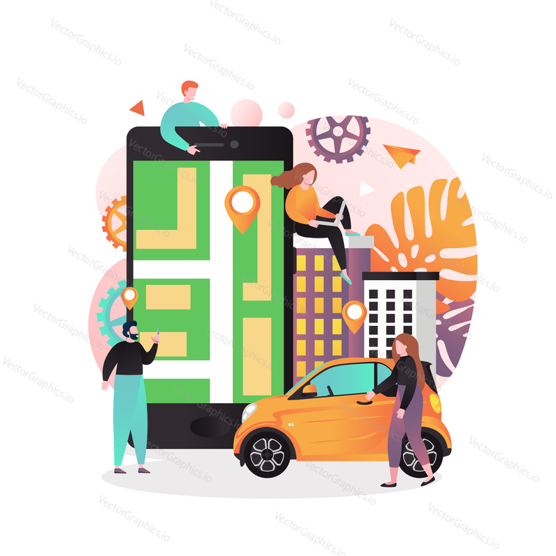 Vector illustration of big mobile phone with map and location pin on screen, tiny people using laptop, smartphone to find place they need. GPS map and navigation apps concept for web banner, webpage.